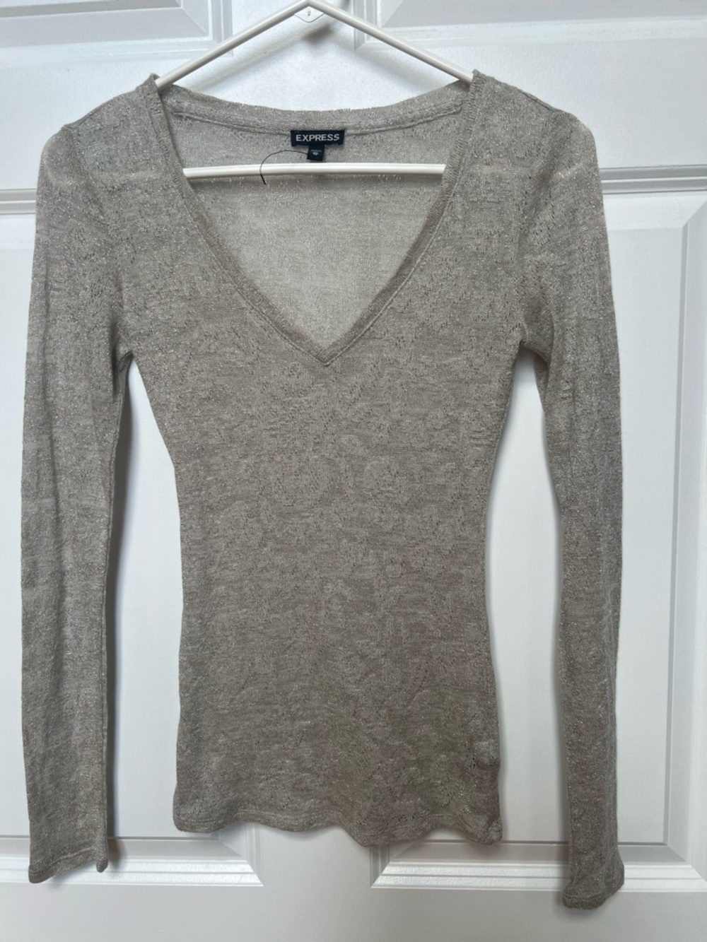 Express Shimmery Grey Silver V-Neck Long Sleeve Top